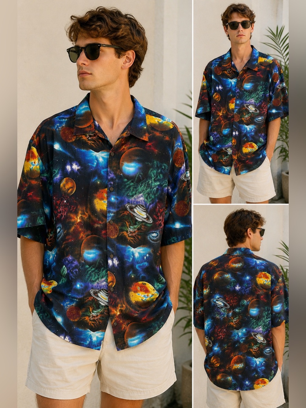 High Seas Galaxy Outer Space Hawaiian Camp Shirt XXL Made in USA Planet Print